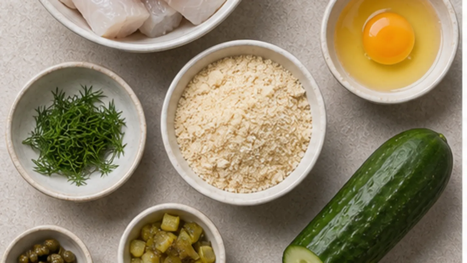 Zutaten für Keto Fischfrikadellen mit Remoulade ohne Paniermehl: Seelachsfilet, 1 Ei, Mandelmehl, Zwiebel, Dijonsenf