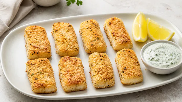 Acht goldbraune Keto-Fischstäbchen mit Mandelpanade auf einer Servierplatte, daneben eine Schale mit grünem Kräuterdip und Zitronenspalten