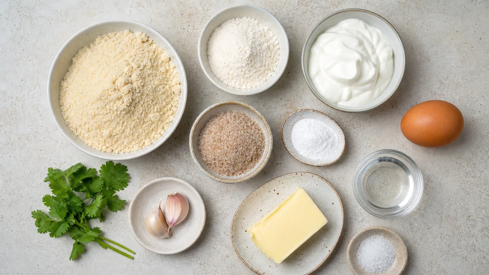 Zutaten für Keto Fladenbrot: Mandelmehl, Kokosmehl, griechischer Joghurt, Ei, Flohsamenschalen und Butter