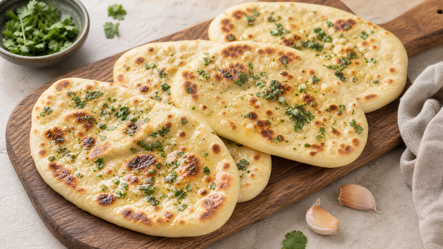 Vier Keto Fladenbrote nach Naan-Art mit Knoblauchbutter und Koriander auf einem Holzbrett