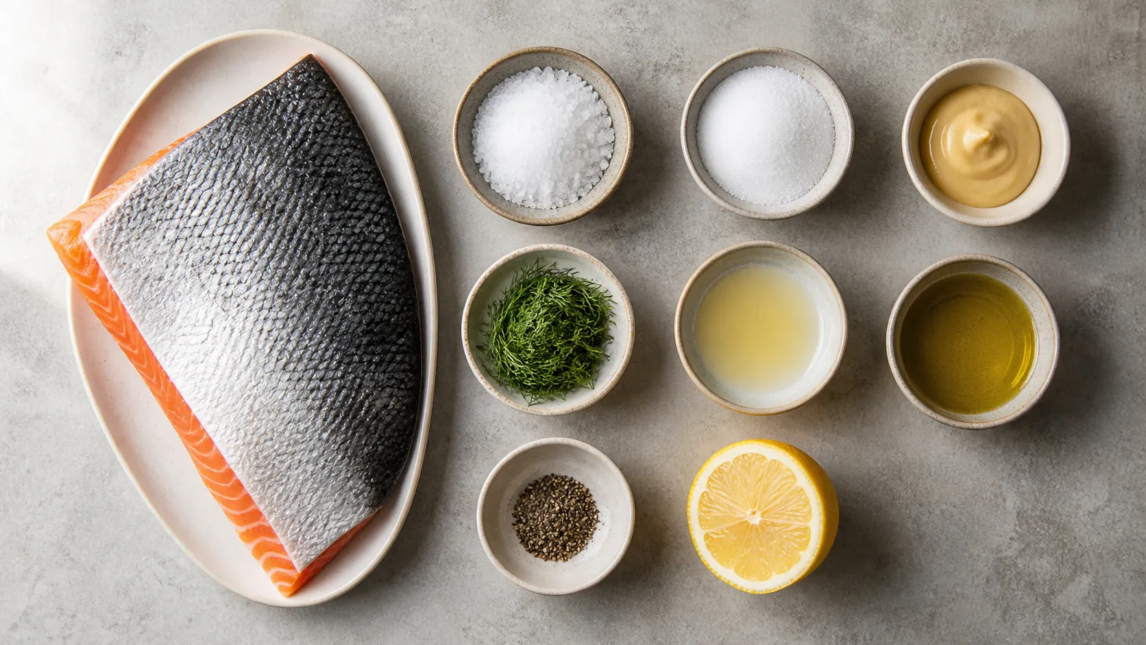 Zutaten für Keto-Flammlachs: eine Lachsseite mit Haut, Meersalz, Erythrit, Dijon-Senf, Dill, Zitrone und Olivenöl