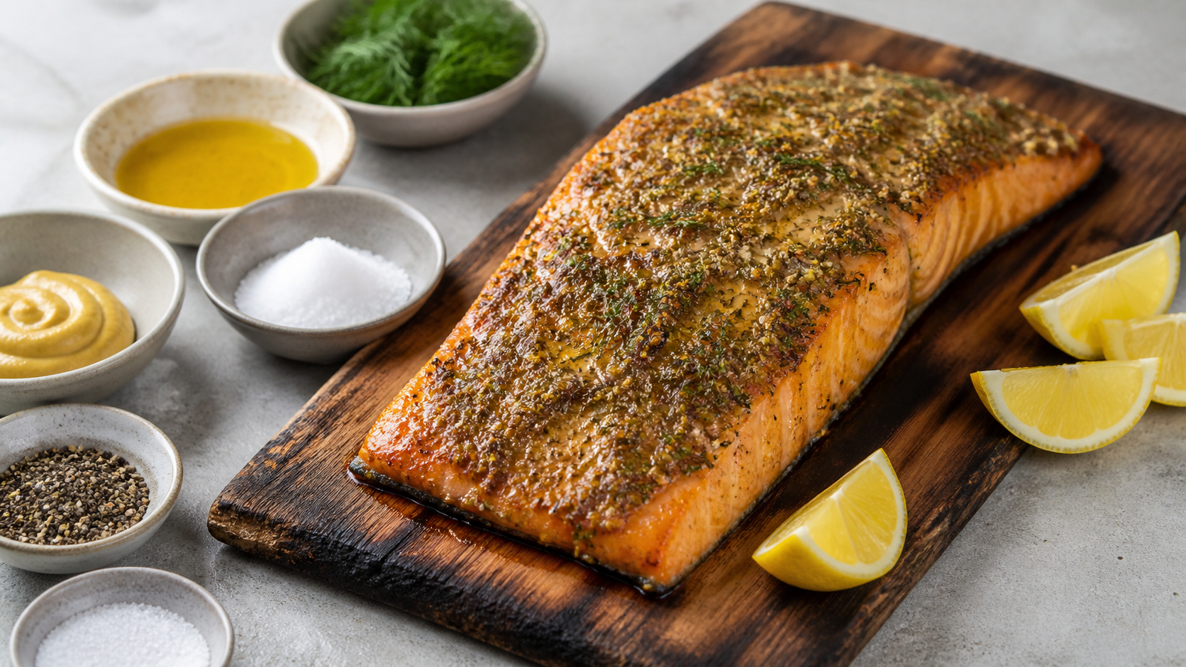 Keto-Flammlachs auf einem angekohlten Holzbrett mit Senf-Dill-Kruste und Zitronenspalten