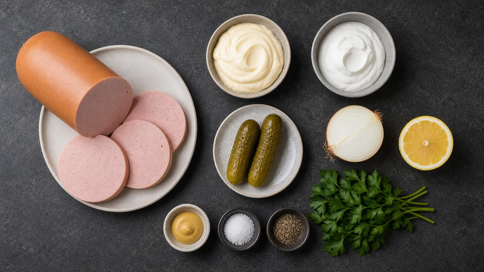 Zutaten für Keto-Fleischsalat: Fleischwurst, Mayonnaise, Schmand, Gewürzgurken, Zwiebel und Senf