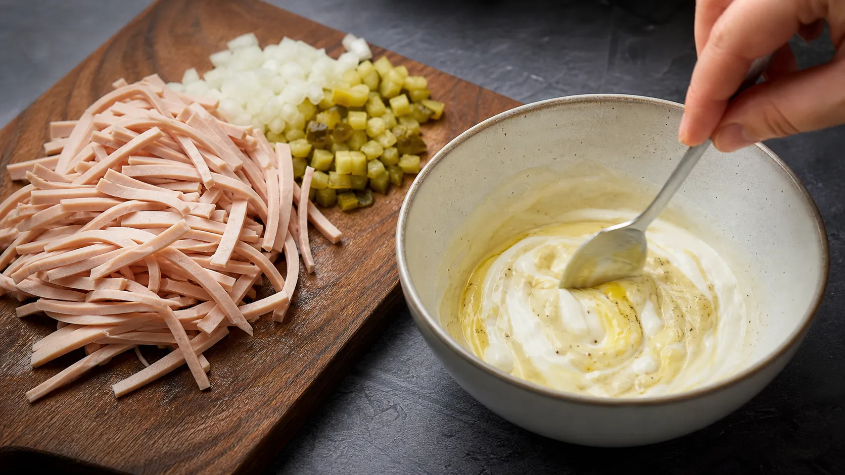 Fleischwurst in feine Streifen geschnitten, daneben angerührte Mayonnaise-Schmand-Sauce