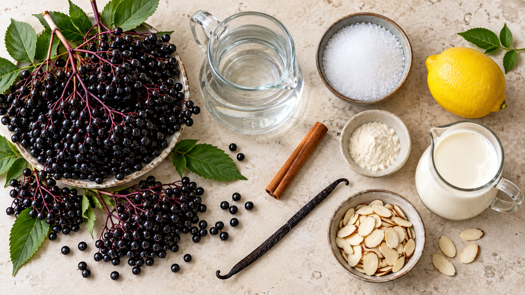 Zutaten für Keto-Fliederbeersuppe: frische Holunderbeeren an den Dolden, Zimtstange, Zitrone, Erythrit und Sahne