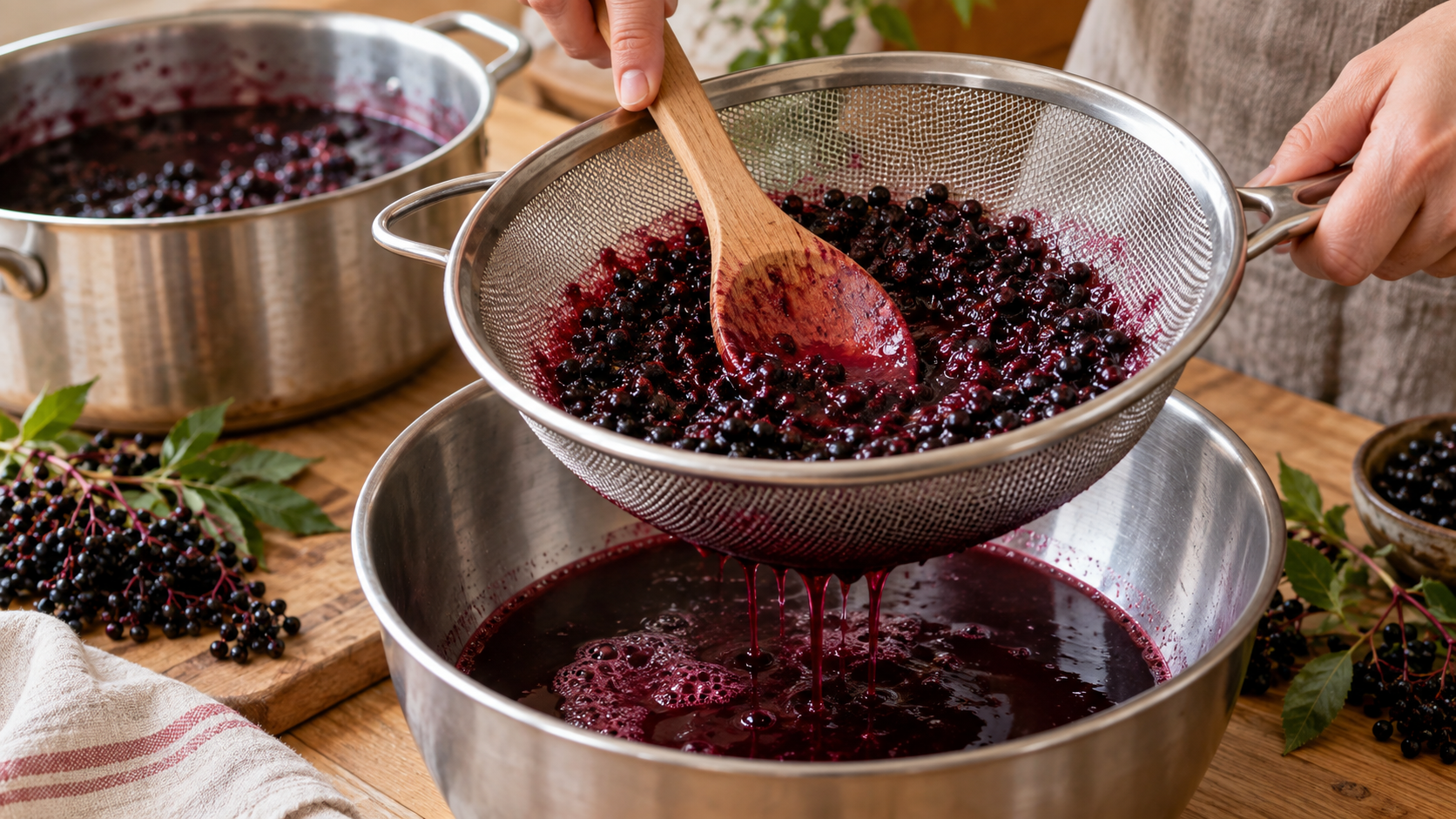 Holunderbeeren kochen sprudelnd in einem Topf mit Wasser und einer Zimtstange
