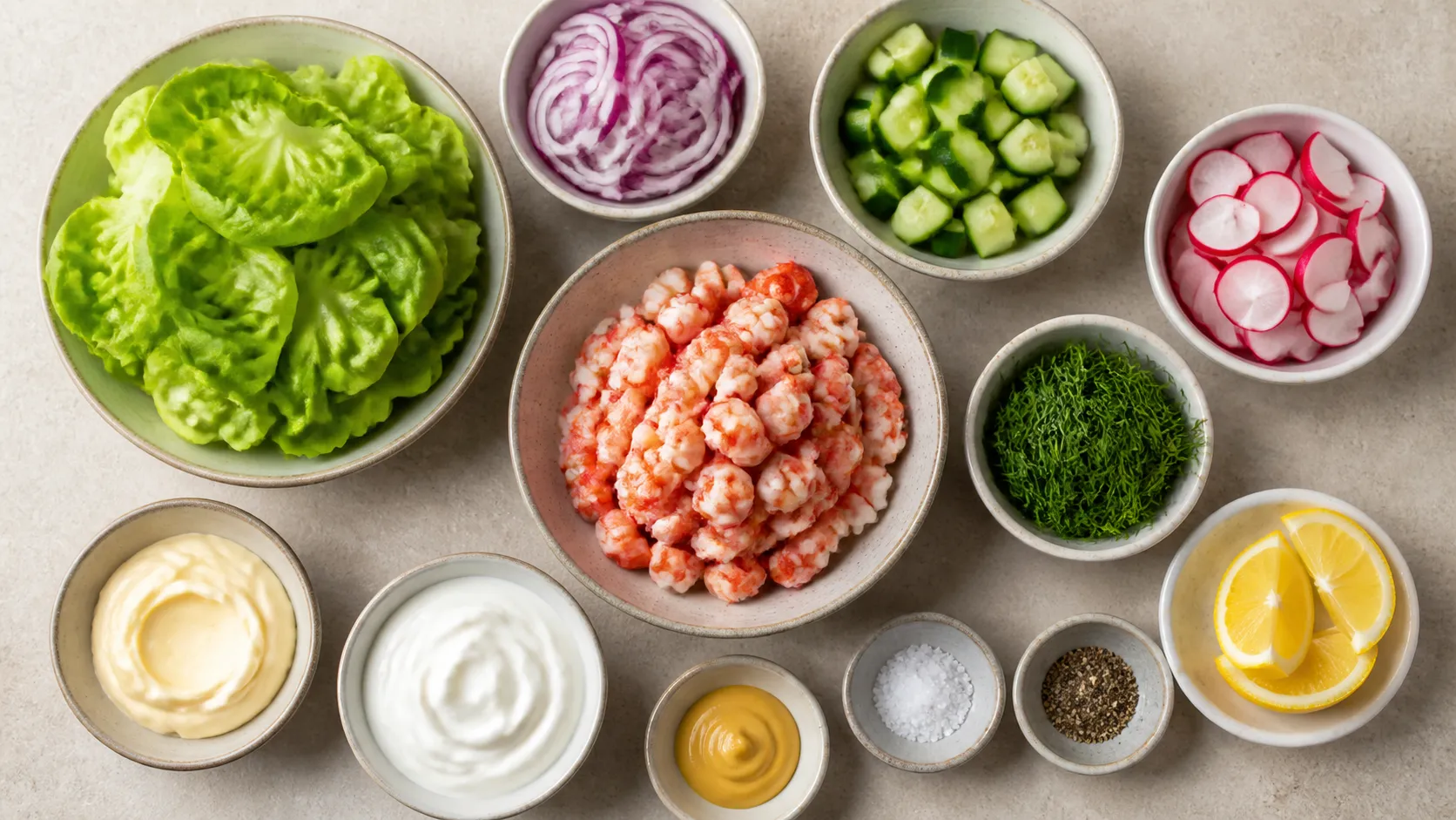 Zutaten für den Flusskrebs-Salat: Flusskrebsschwänze, Salatgurke, Radieschen, rote Zwiebel, Dill, Mayonnaise und Schmand