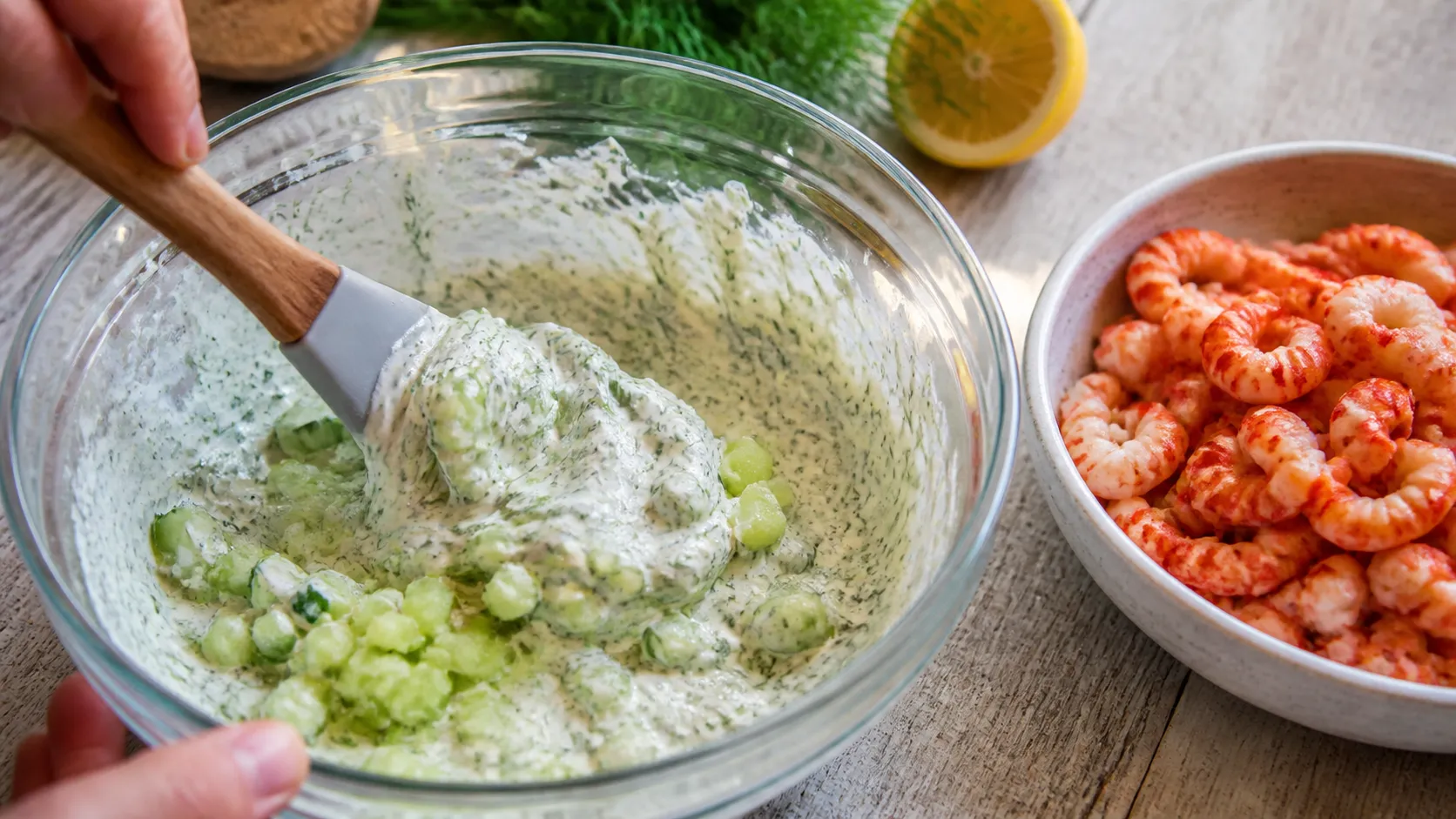 Gurkenwürfel werden mit Schmand-Mayonnaise und Dill in einer Schüssel vermengt