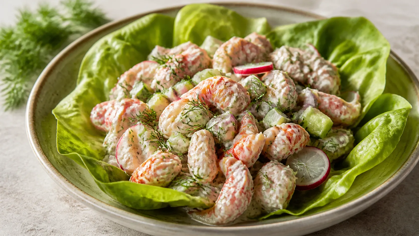 Flusskrebsschwänze mit Gurkenwürfeln, Radieschen und Dill auf Kopfsalatblättern in einer flachen Schale