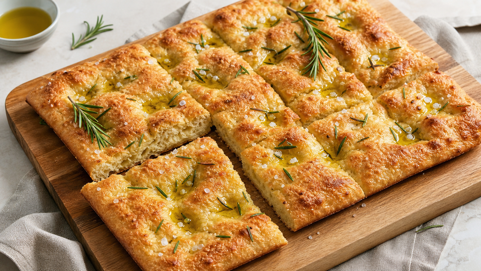 Keto Focaccia vom Blech mit Rosmarinzweigen, Olivenöl und grobem Meersalz, in Stücke geschnitten