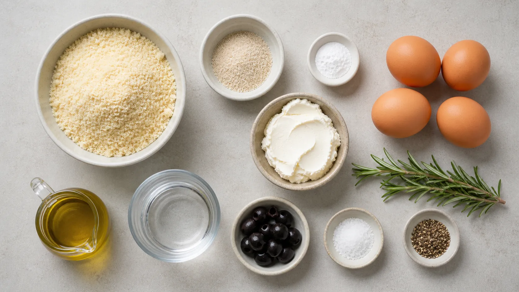 Zutaten für Keto Focaccia: Mandelmehl, Flohsamenschalen, Eier, Frischkäse, Olivenöl, schwarze Oliven und Rosmarin