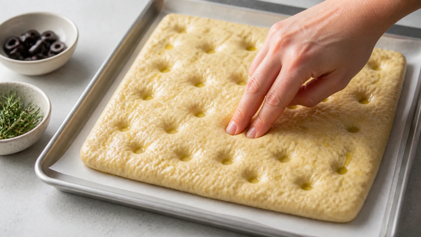 Mit geölten Fingern werden Mulden in den ausgestrichenen Focaccia-Teig gedrückt