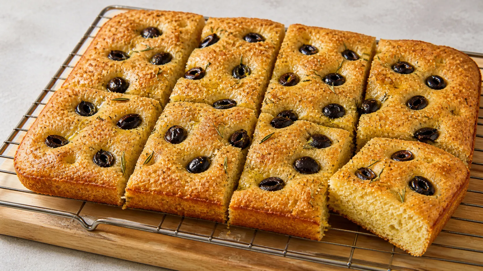 Angeschnittene Keto Focaccia aus Mandelmehl mit Rosmarinnadeln, schwarzen Oliven und glänzendem Olivenöl auf der Kruste