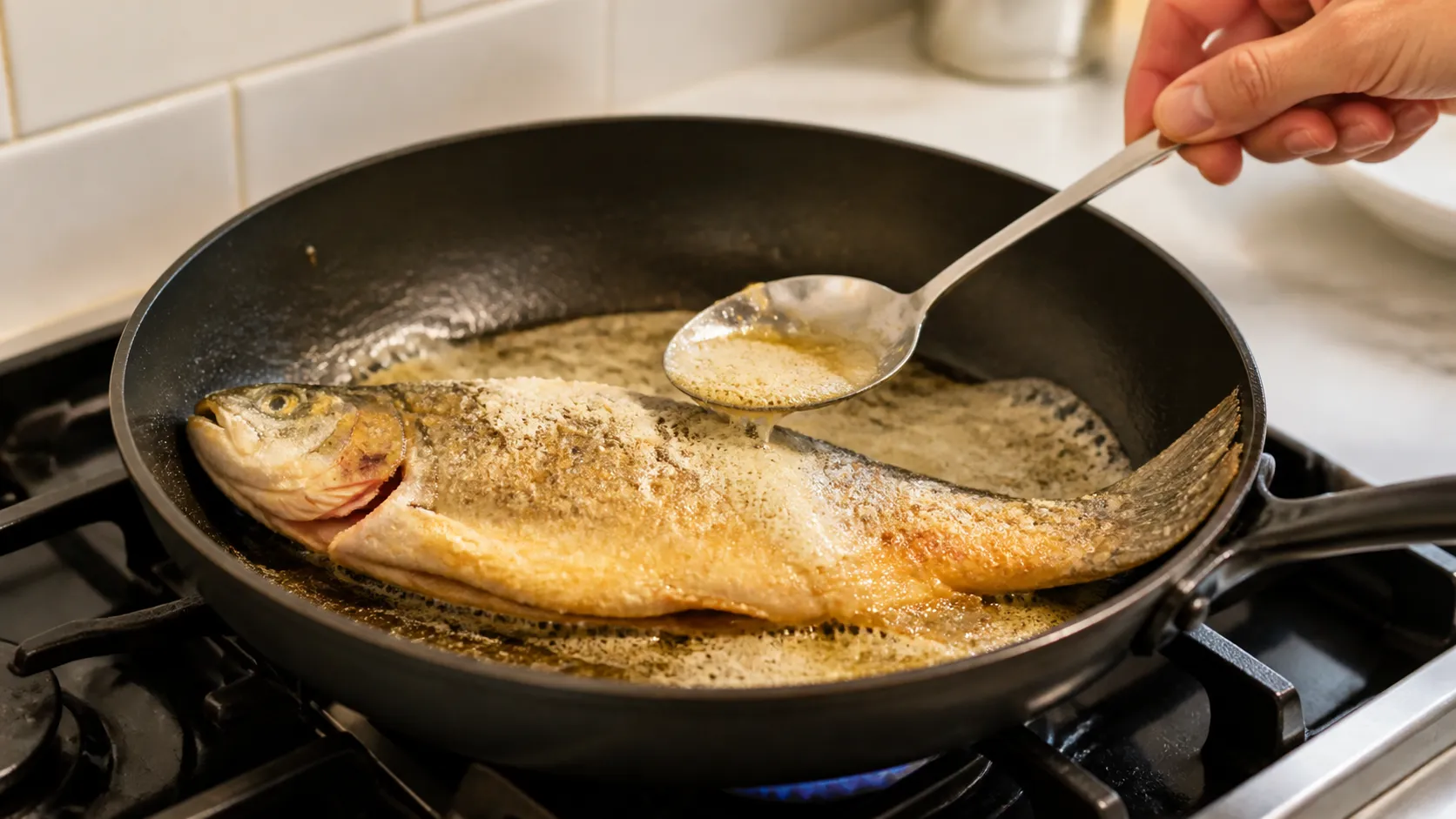 In Mandelmehl gewendete Forelle brät in einer Pfanne mit schäumender Butter