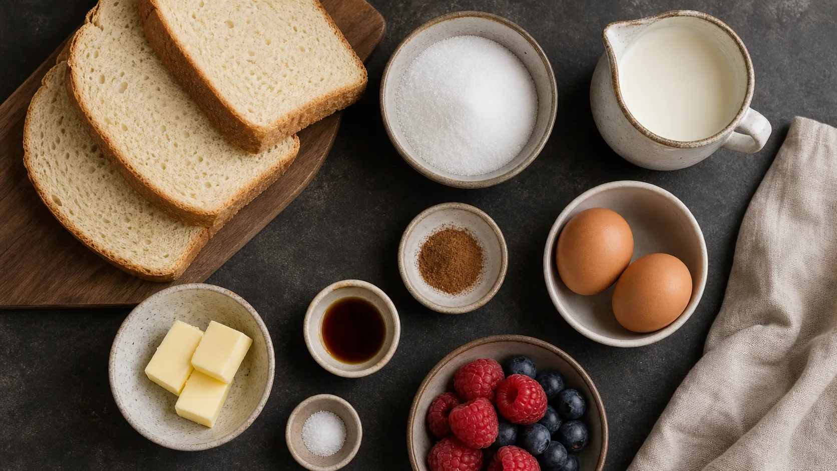 Zutaten für Keto French Toast: Mandelmehl-Brot, Eier, Sahne, Zimt, Erythrit und Butter