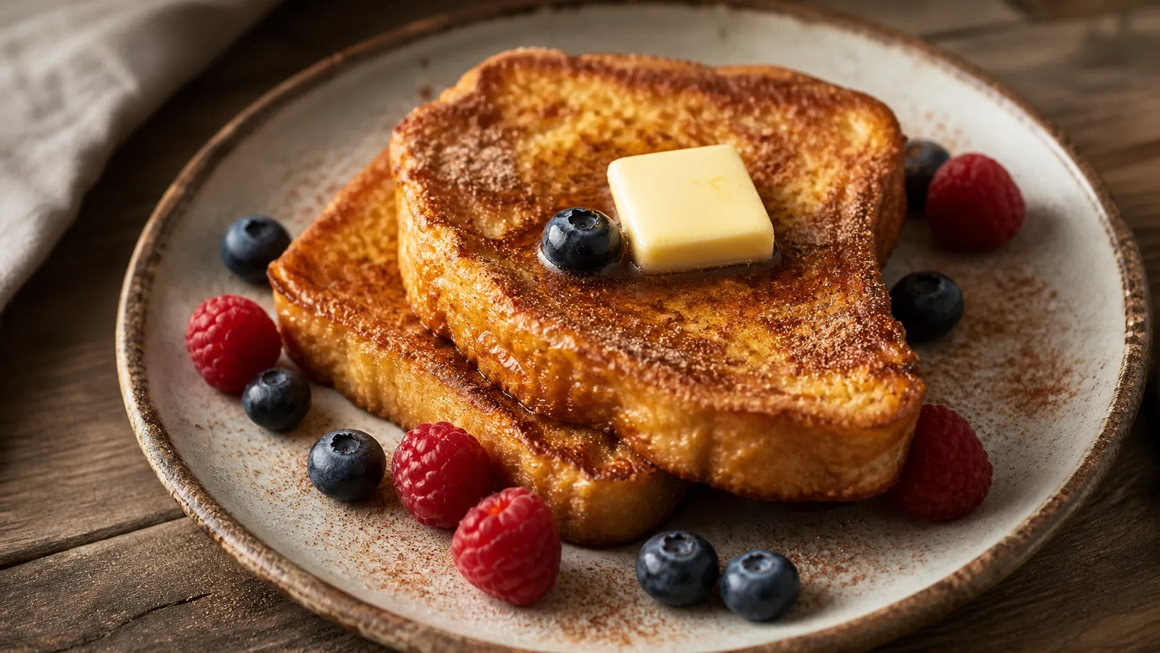 Keto French Toast aus Mandelmehl-Brot, goldbraun gebraten und mit Zimt-Erythrit, Butter und Beeren angerichtet