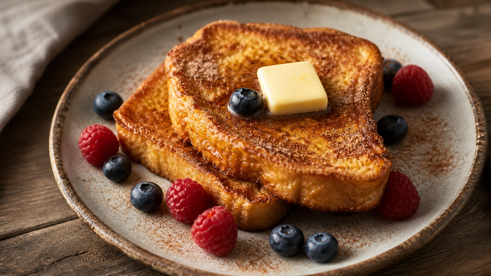 Keto French Toast aus Mandelmehl-Brot, goldbraun gebraten und mit Zimt-Erythrit, Butter und Beeren angerichtet