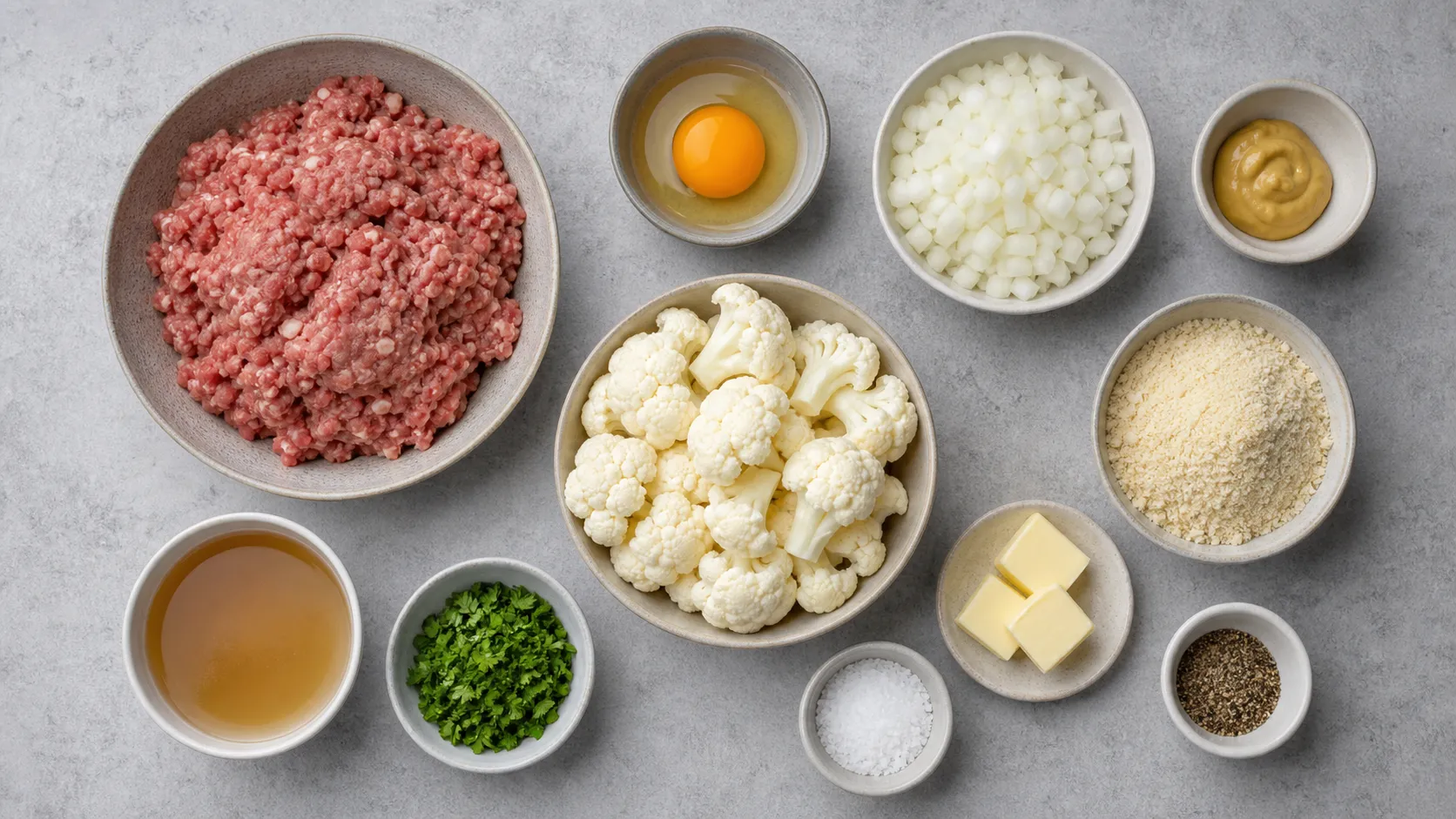 Zutaten für Keto-Frikadellen mit Hackfleisch, Ei, Zwiebel, Mandelmehl und Blumenkohl