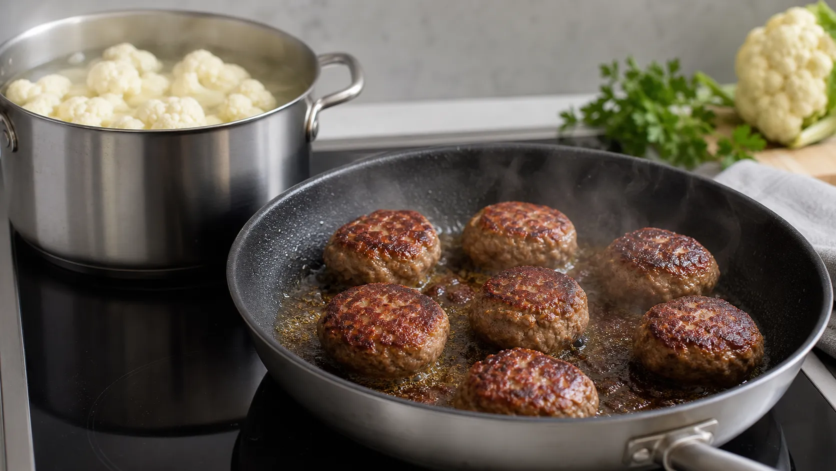 Frikadellen braten goldbraun in der Pfanne, daneben köchelt Blumenkohl für das Püree