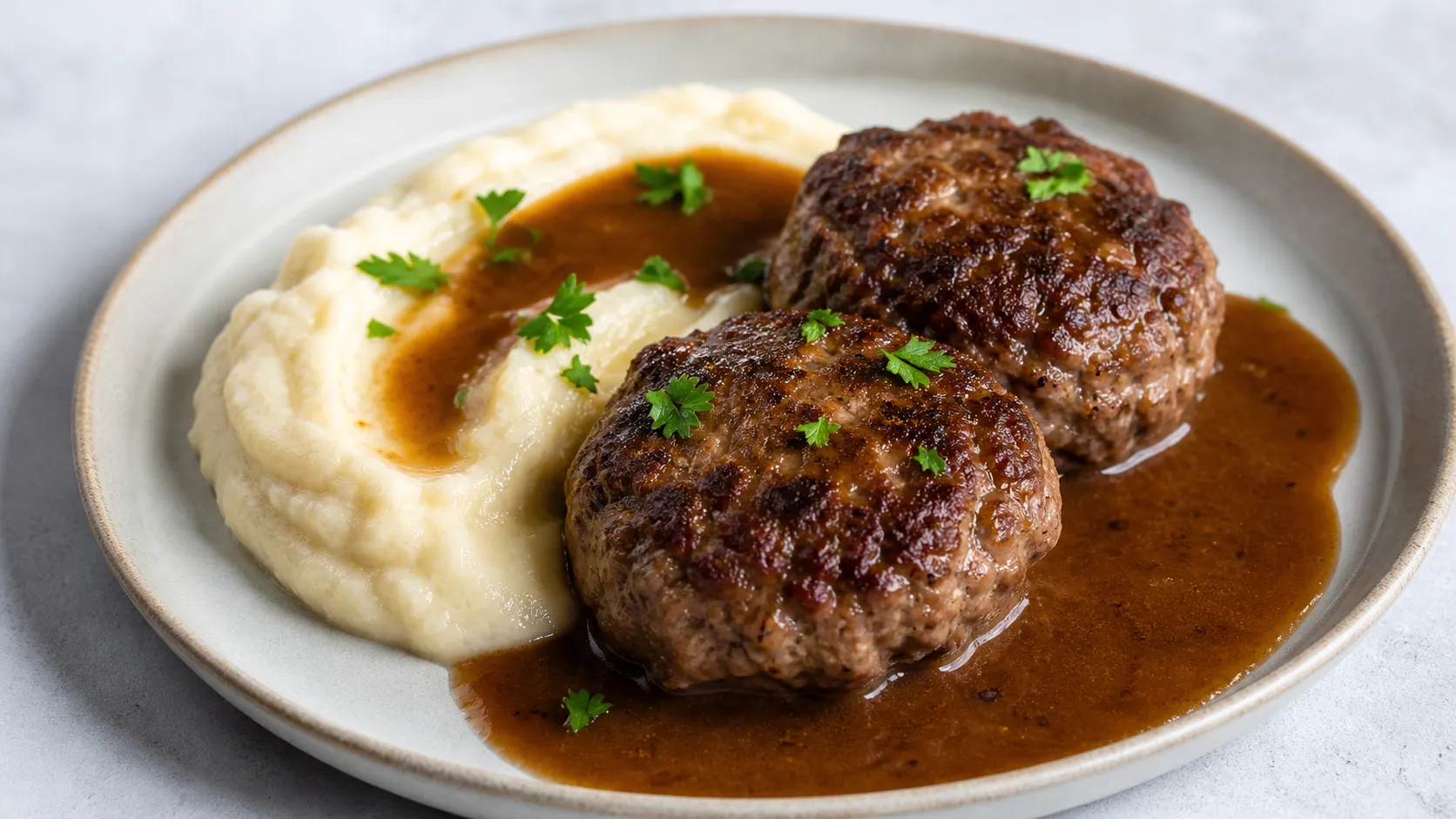 Saftige Keto-Frikadellen mit cremigem Blumenkohlpüree und dunkler Bratensauce auf einem Teller