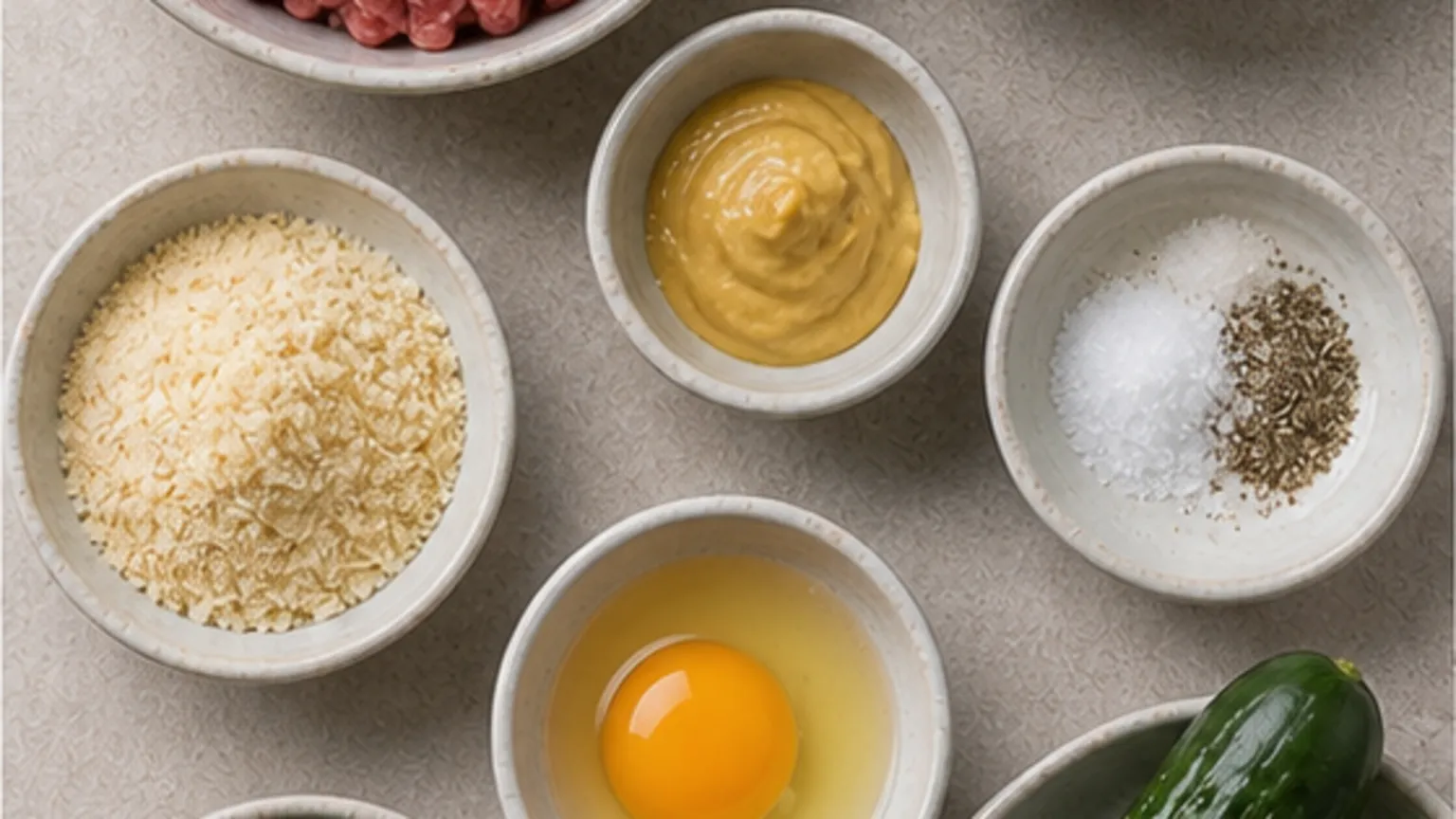 Zutaten für Keto Frikadellen mit Senf-Schmand-Sauce und Gurkensalat: 35 g Protein in 35 Minuten: gemischtes Hackfleisch, Zwiebel, 1 Ei, Mandelmehl, Butter