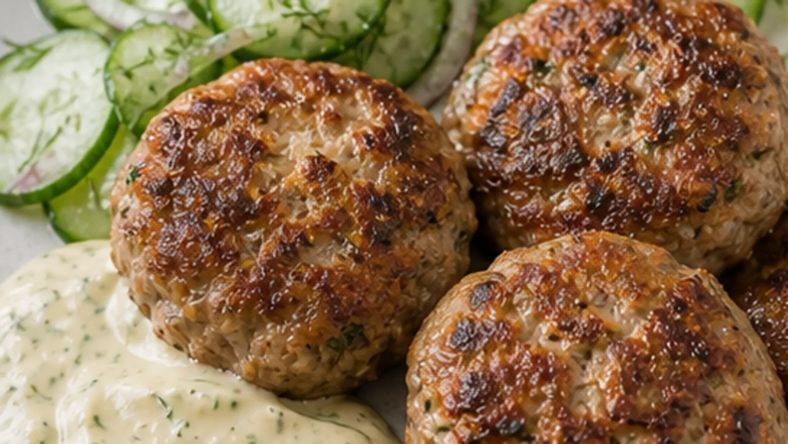 Keto Frikadellen mit Senf-Schmand-Sauce und Gurkensalat: 35 g Protein in 35 Minuten fertig angerichtet als ketogenes Rezept