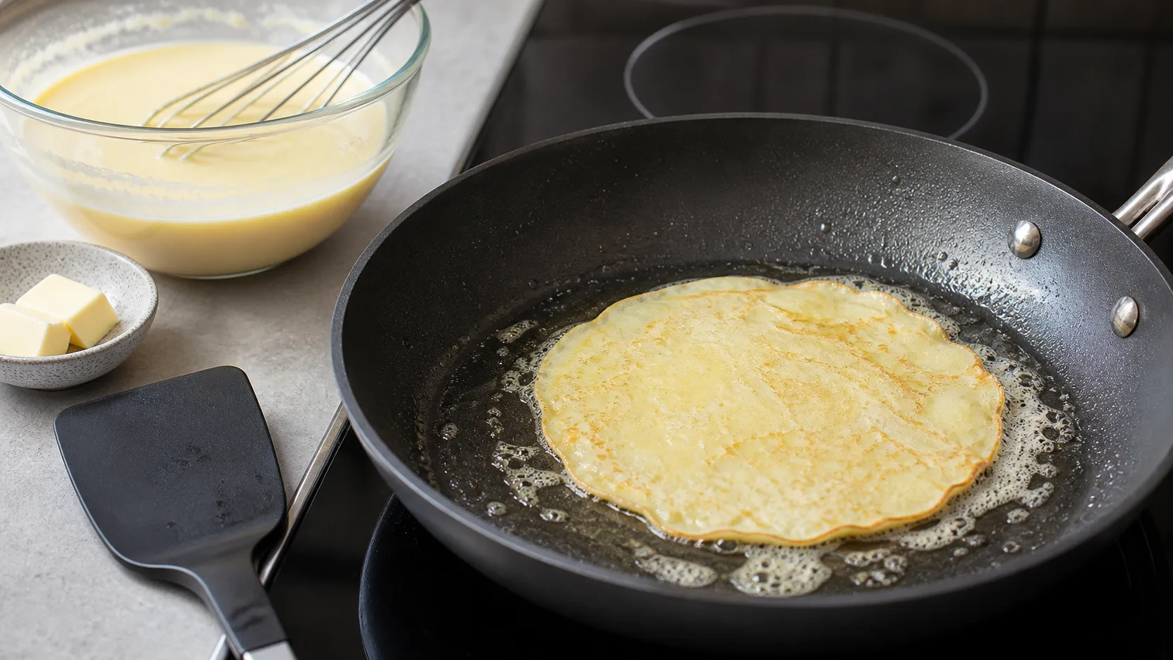 Ein kleiner Frischkäse-Pfannkuchen backt in Butter in einer beschichteten Pfanne