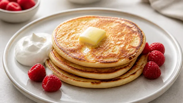 Stapel goldbrauner dünner Pfannkuchen mit Butter und einer Handvoll Himbeeren