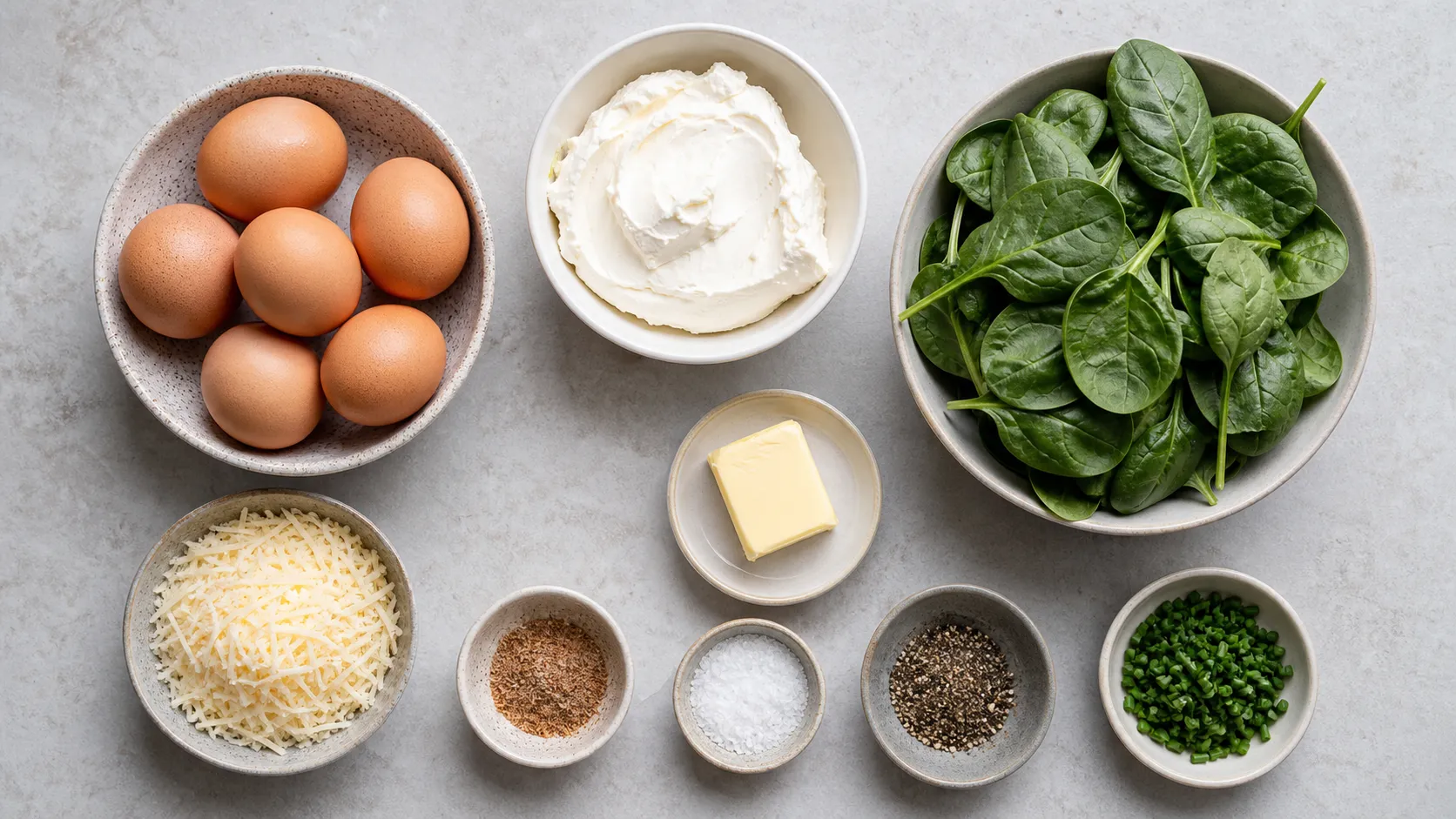 Zutaten für Keto-Rührei mit Eiern, Frischkäse, frischem Blattspinat, Butter und Parmesan