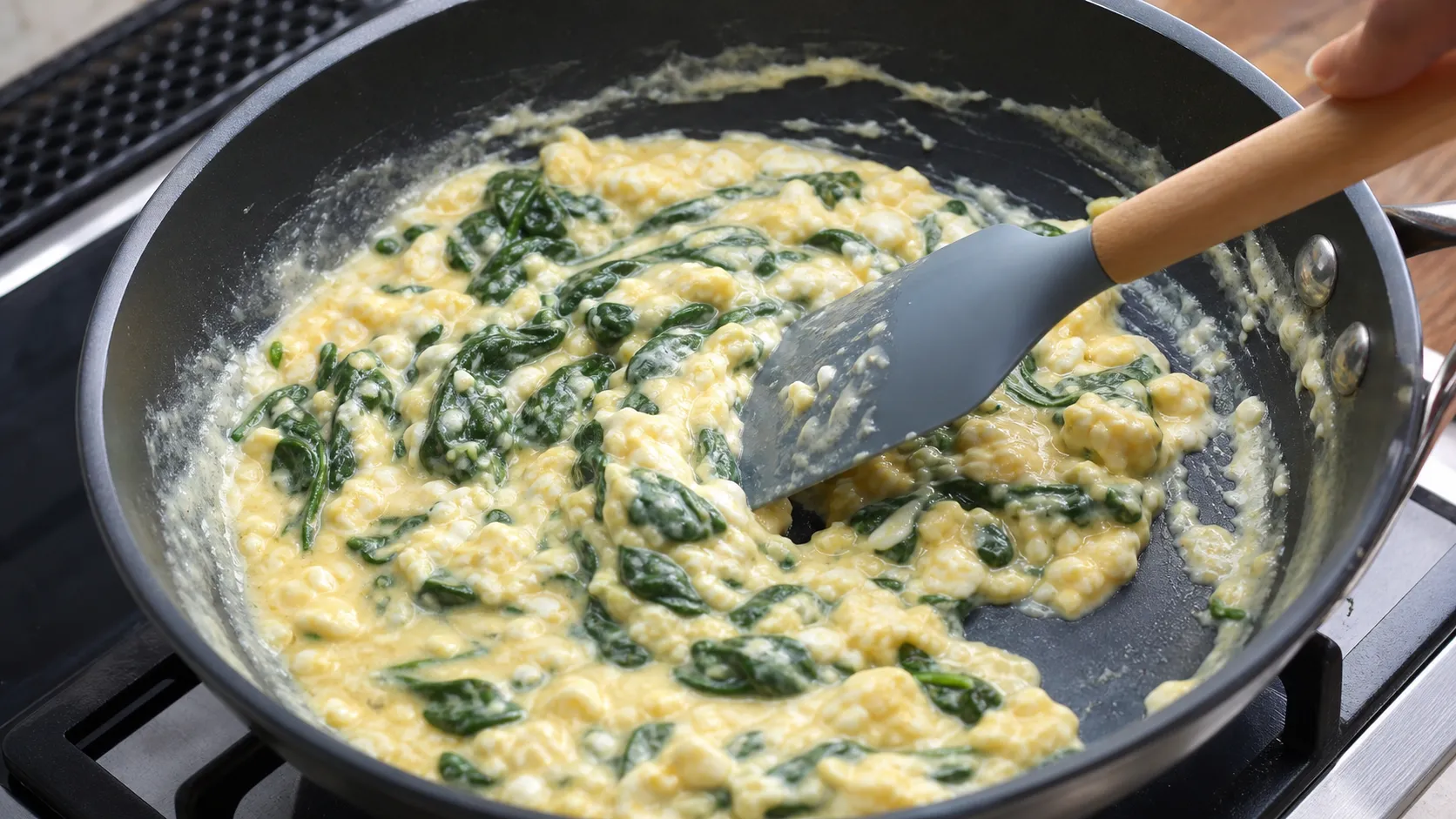 Rührei mit Frischkäse und Spinat wird in der Pfanne bei mittlerer Hitze cremig gerührt