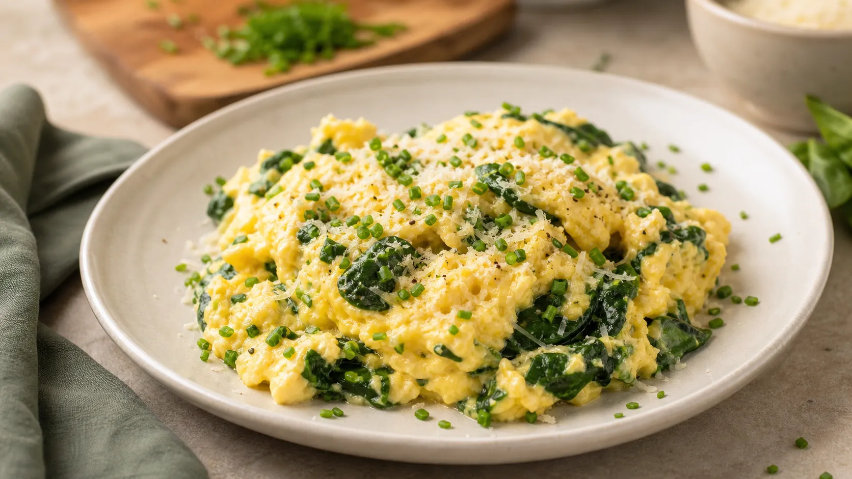 Cremiges Keto-Rührei mit Frischkäse und Blattspinat, bestreut mit Parmesan auf einem Teller