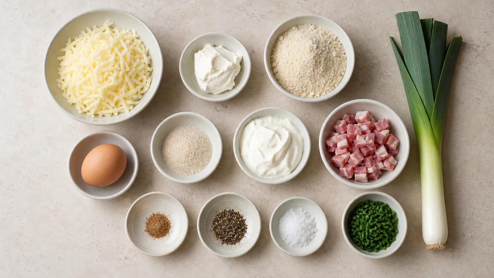 Zutaten für Keto-Flammkuchen: Mandelmehl, geriebener Mozzarella, Frischkäse, Ei, Schmand, Speckwürfel und Lauch