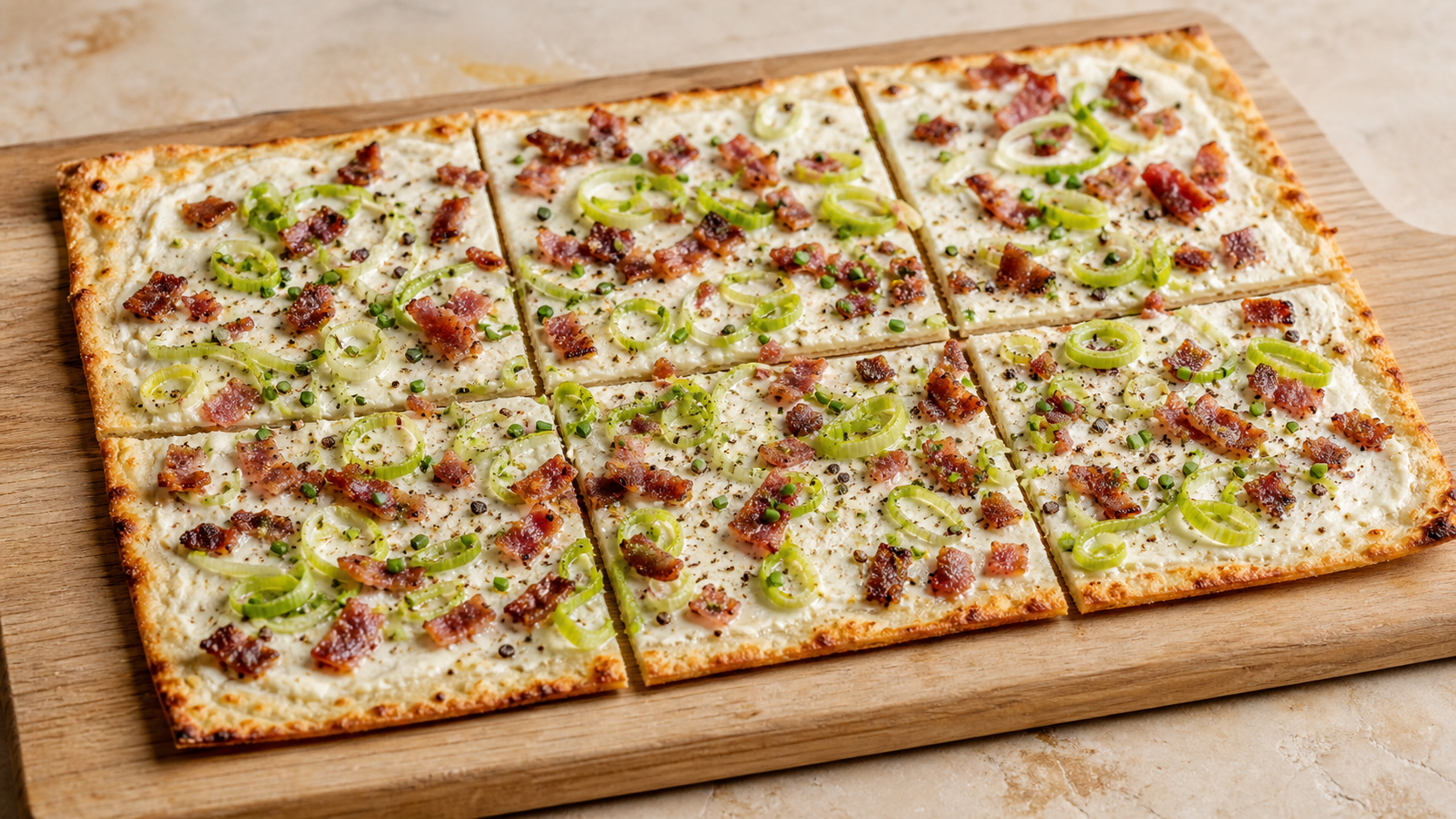 Keto-Flammkuchen mit Schmand, Speckwürfeln und Lauchringen, in Stücke geschnitten auf einem Holzbrett