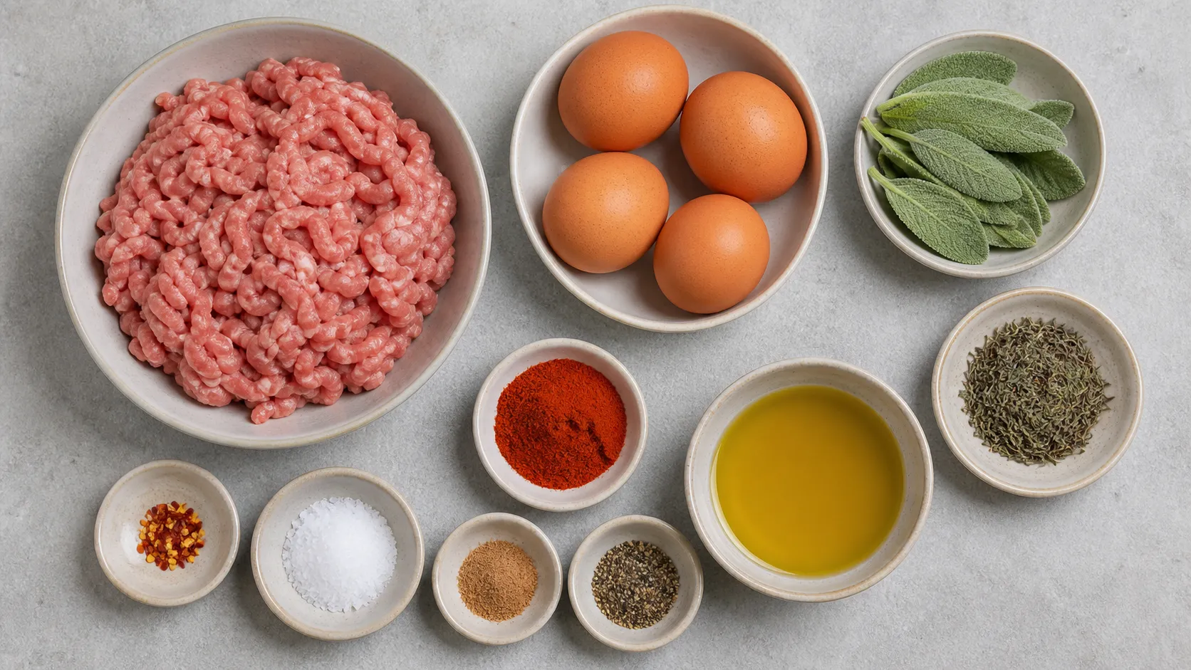 Zutaten für Keto Frühstücks-Patties: Schweinehackfleisch, Eier, frischer Salbei, Thymian, Paprikapulver und Olivenöl