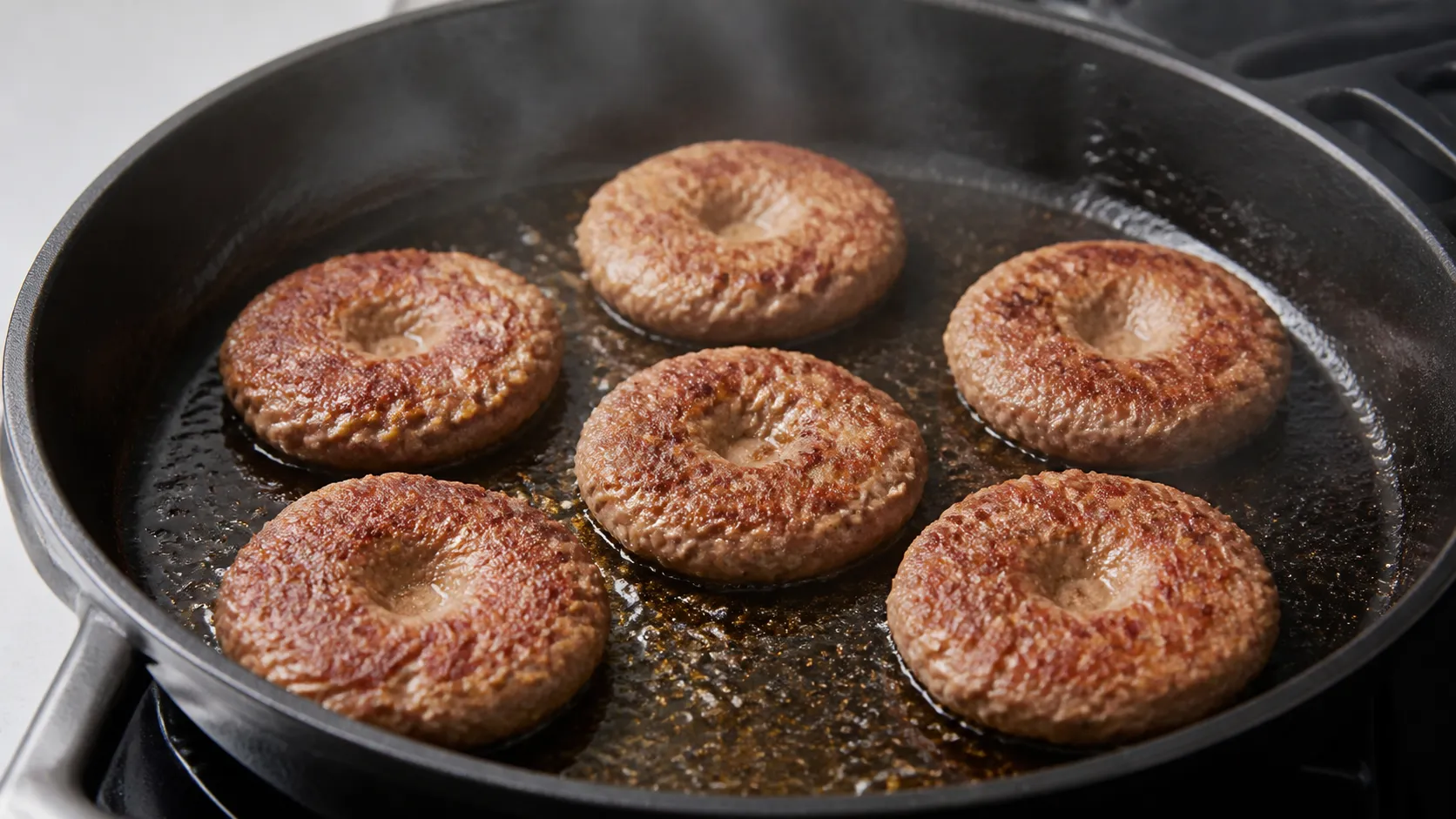 Sechs flach geformte Keto Frühstücks-Patties mit Salbei braten in Olivenöl in einer Pfanne