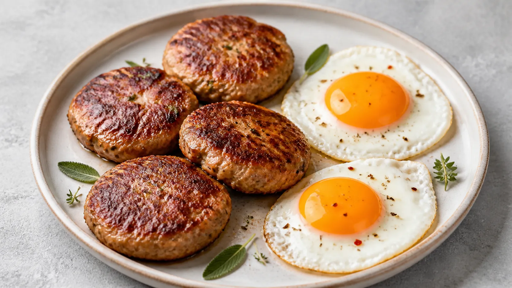 Vier gebratene Keto Frühstücks-Patties aus Schweinehack mit zwei Spiegeleiern auf einem Teller