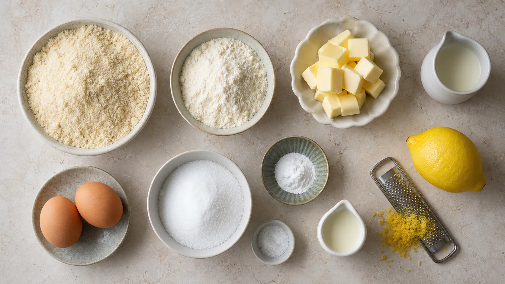 Zutaten für Keto Scones: Mandelmehl, Kokosmehl, kalte Butterwürfel, Eier, Sahne, Erythrit und eine Zitrone