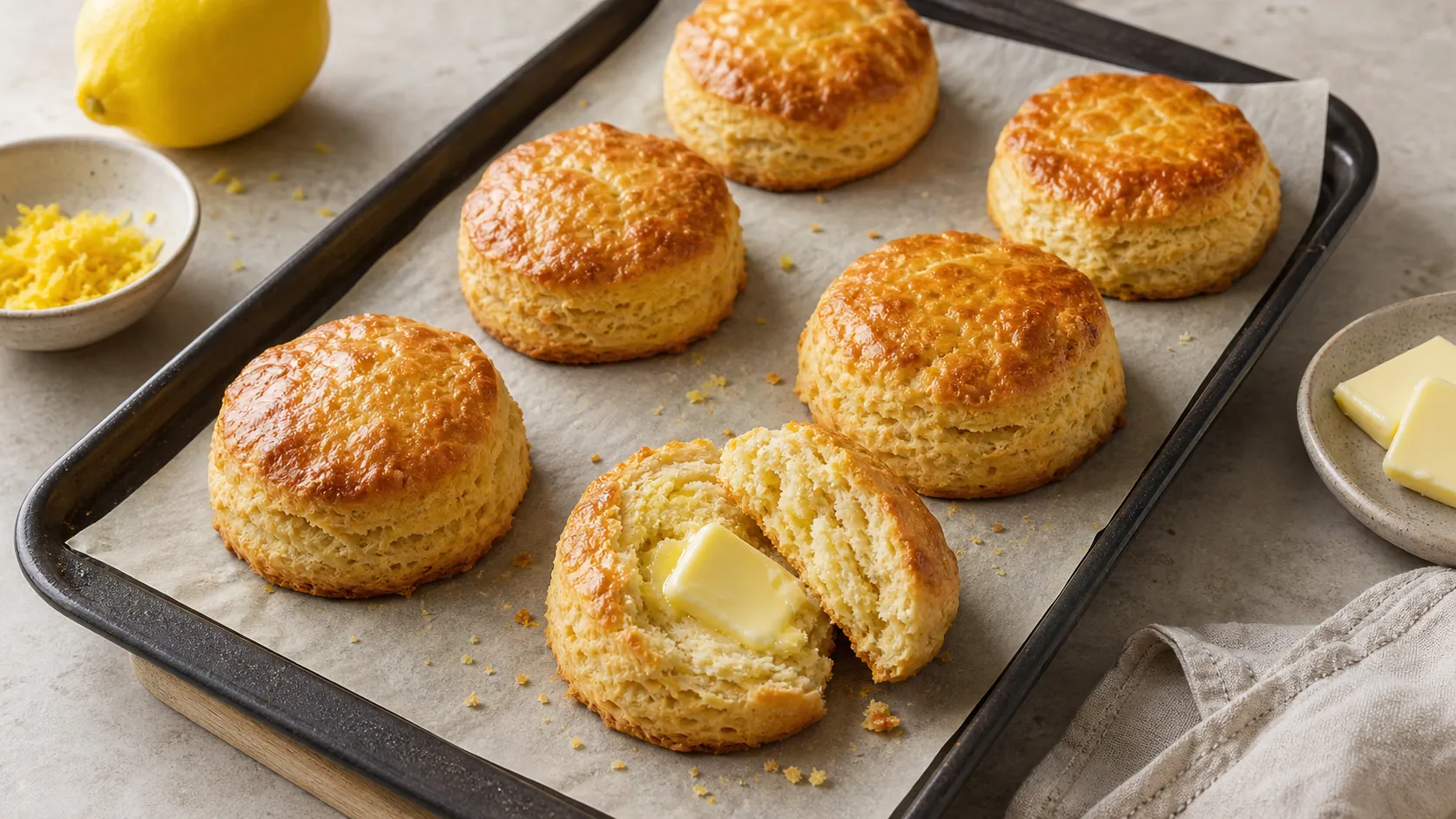 Acht goldbraune Keto Scones auf einem Blech, einer aufgebrochen mit Butter