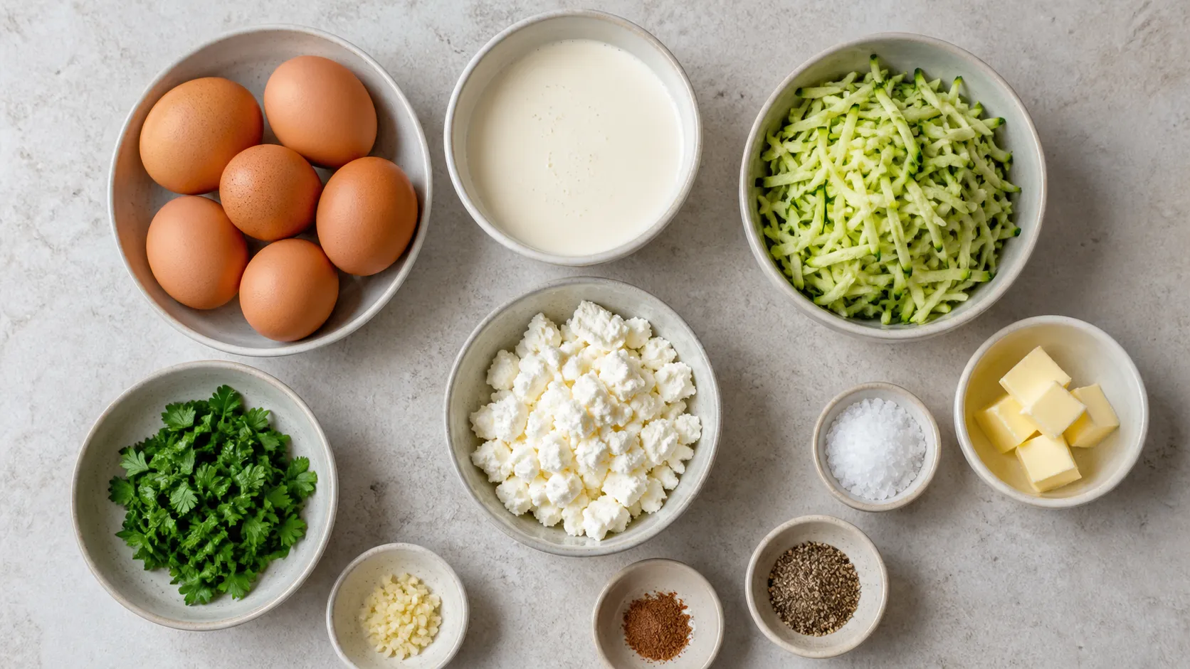 Zutaten für den Keto-Frühstücksauflauf: Eier, Sahne, geraspelte Zucchini, Feta-Käse, Butter und Petersilie
