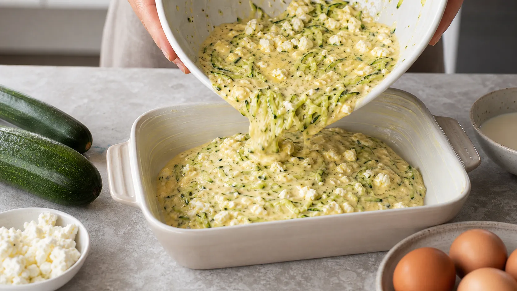 Eiermasse mit geraspelter Zucchini und zerbröckeltem Feta-Käse wird in eine gebutterte Auflaufform gefüllt