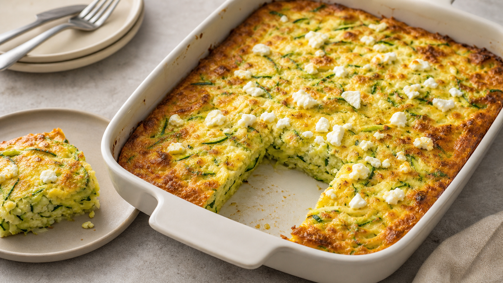 Goldbrauner Keto-Frühstücksauflauf mit Zucchini und Feta-Käse in einer Auflaufform, ein Stück herausgeschnitten