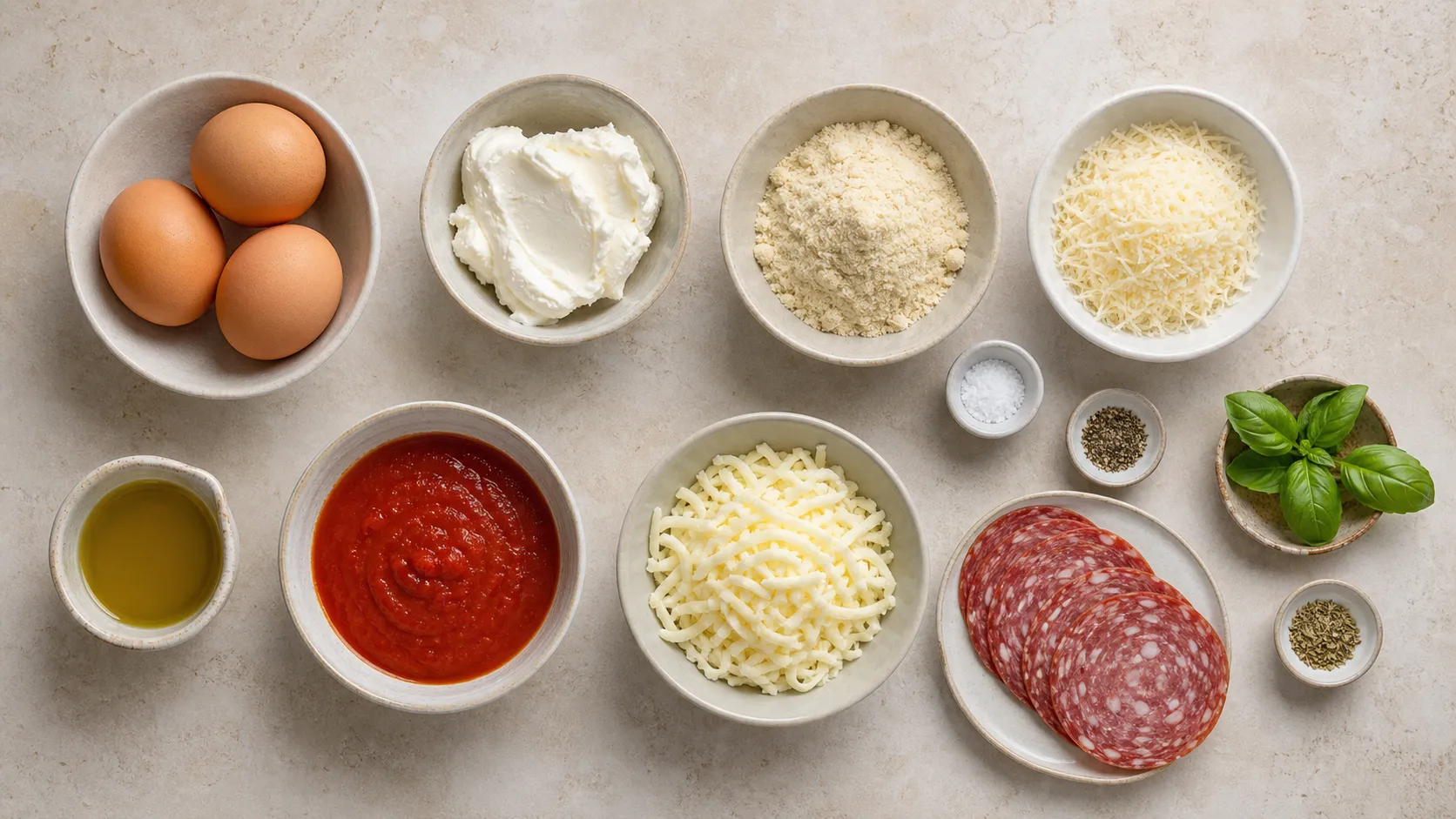 Zutaten für Keto-Frühstückspizza: Eier, Frischkäse, Mandelmehl, Parmesan, passierte Tomaten, Mozzarella, Salami und Basilikum