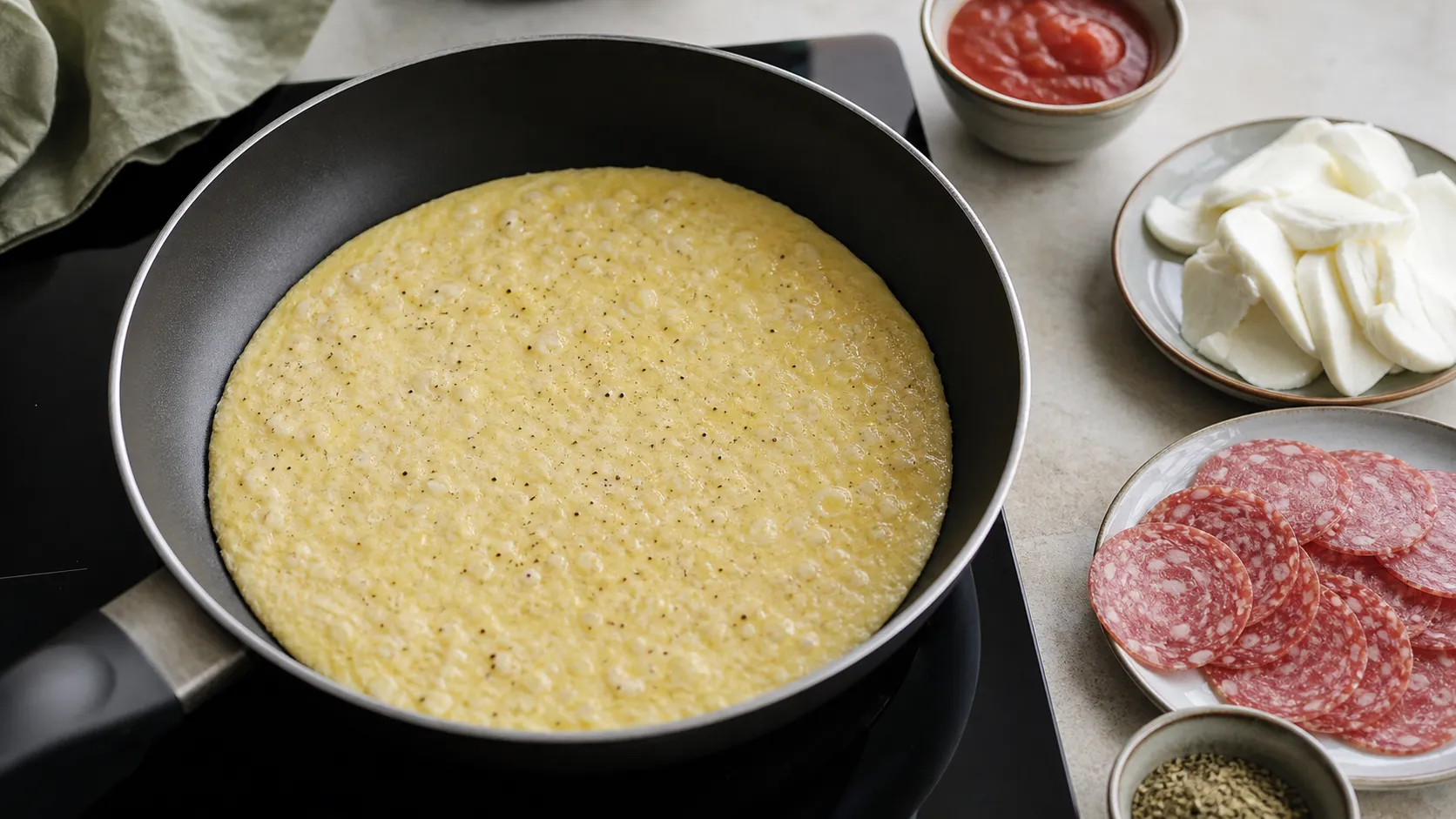 Eier-Käse-Boden stockt in der beschichteten Pfanne, daneben Belag aus Mozzarella und Salami