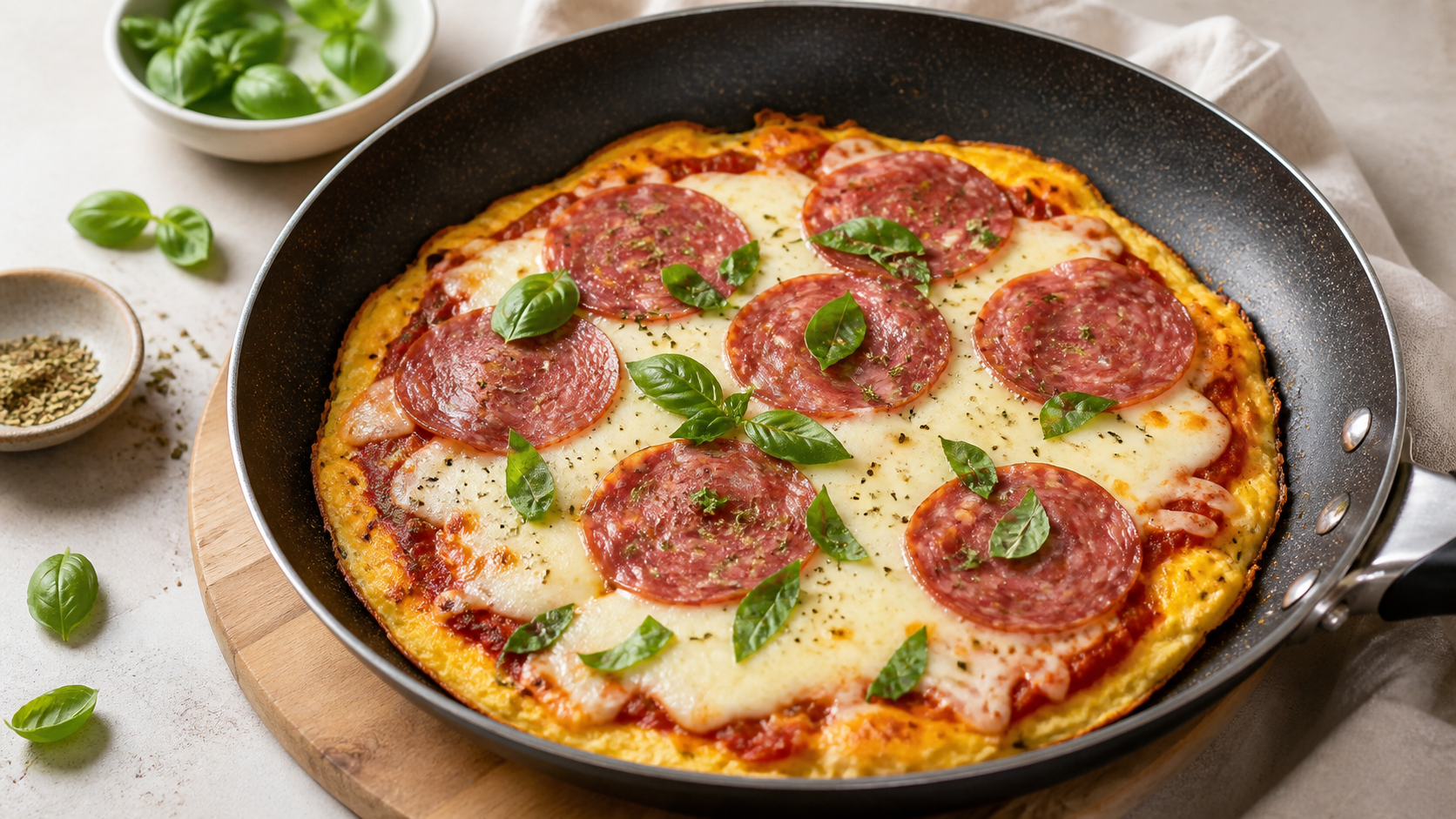 Keto-Frühstückspizza mit Eier-Käse-Boden, Tomatensauce, geschmolzenem Mozzarella, Salami und frischem Basilikum in der Pfanne