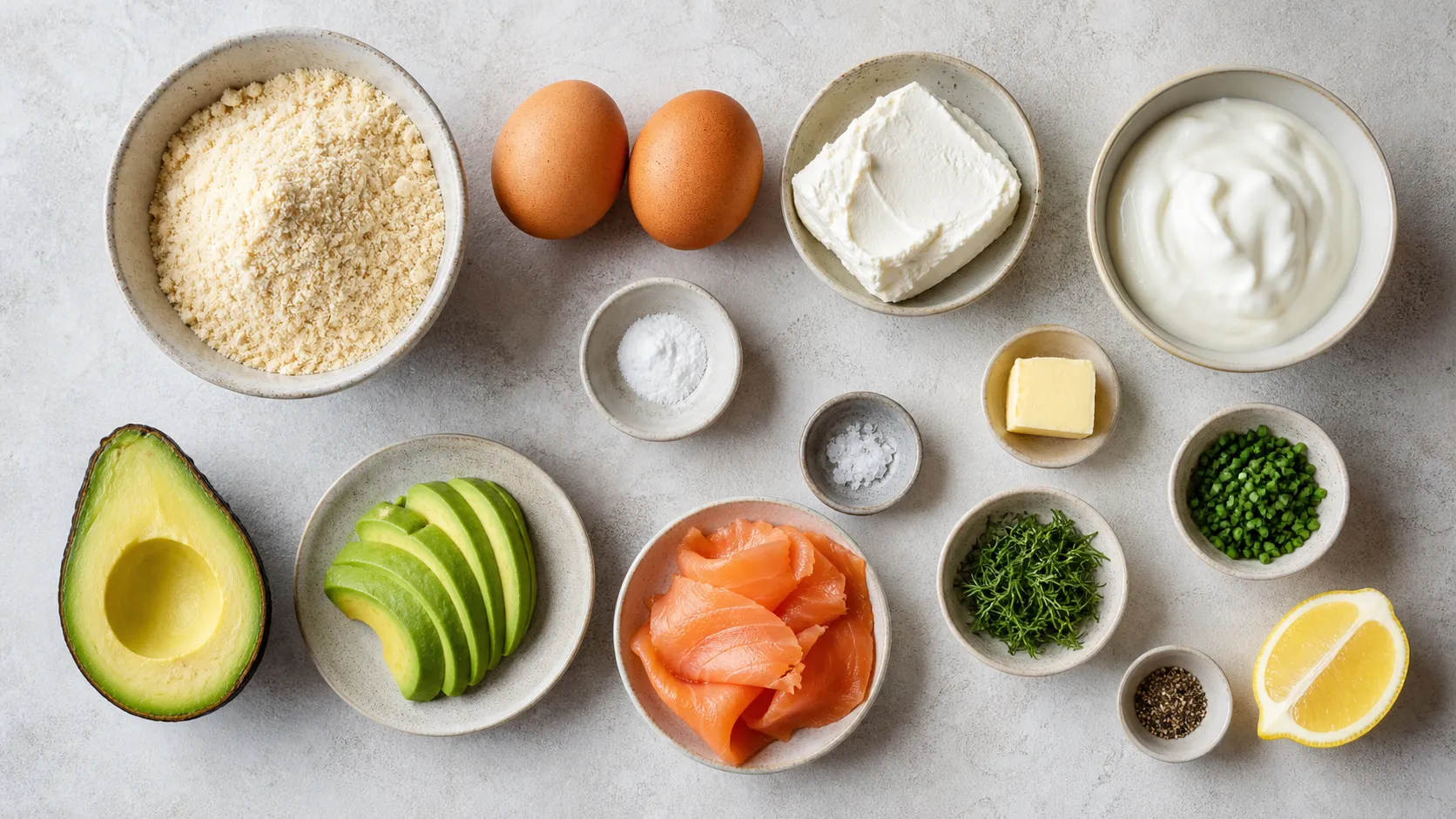 Zutaten für herzhafte Keto-Frühstückswaffeln mit Mandelmehl, Eiern, Avocado und Räucherlachs