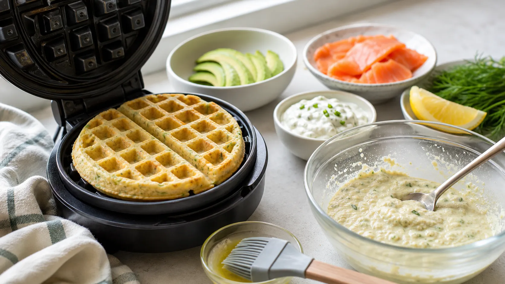 Herzhafte Mandelmehl-Waffel im Waffeleisen mit vorbereitetem Avocado-Lachs-Belag