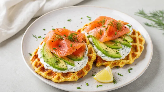 Herzhafte Keto-Frühstückswaffeln mit Avocado, Räucherlachs, Kräuterjoghurt und Zitrone auf einem Teller