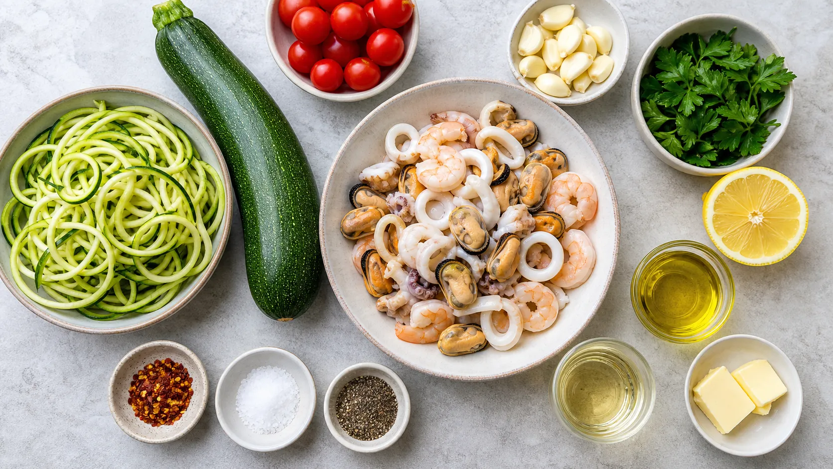 Zutaten für Keto Frutti di Mare mit Meeresfrüchtemischung, Zucchini, Cherry-Tomaten, Knoblauch, Petersilie und Zitrone