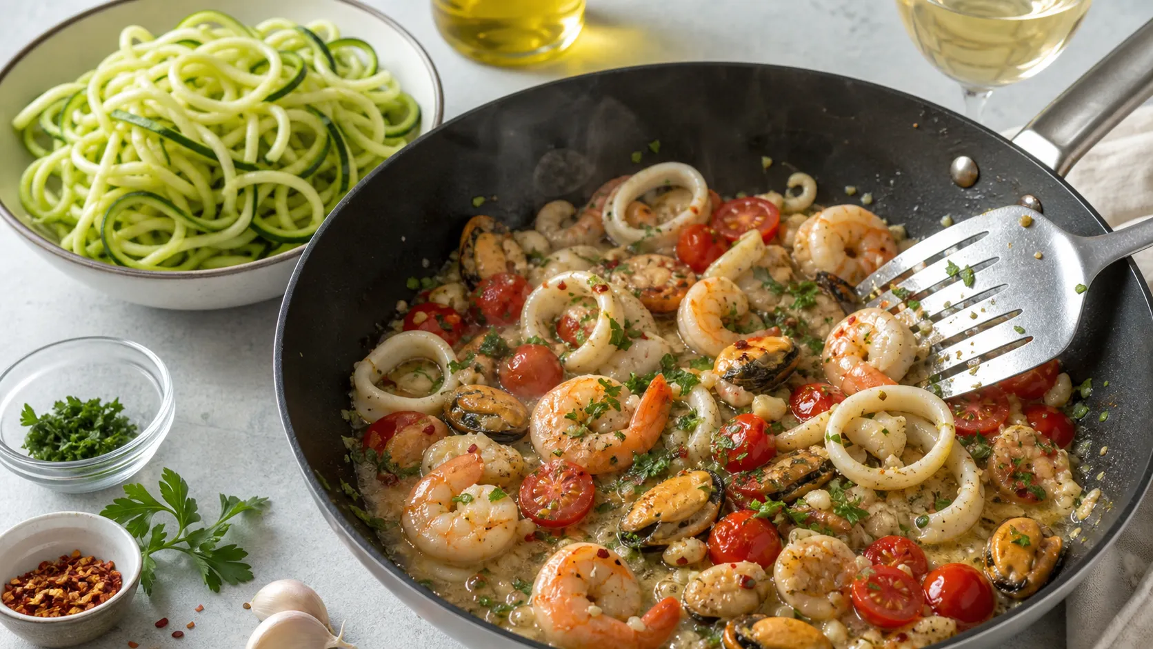 Meeresfrüchte werden mit Knoblauch und Cherry-Tomaten in der Pfanne geschmort