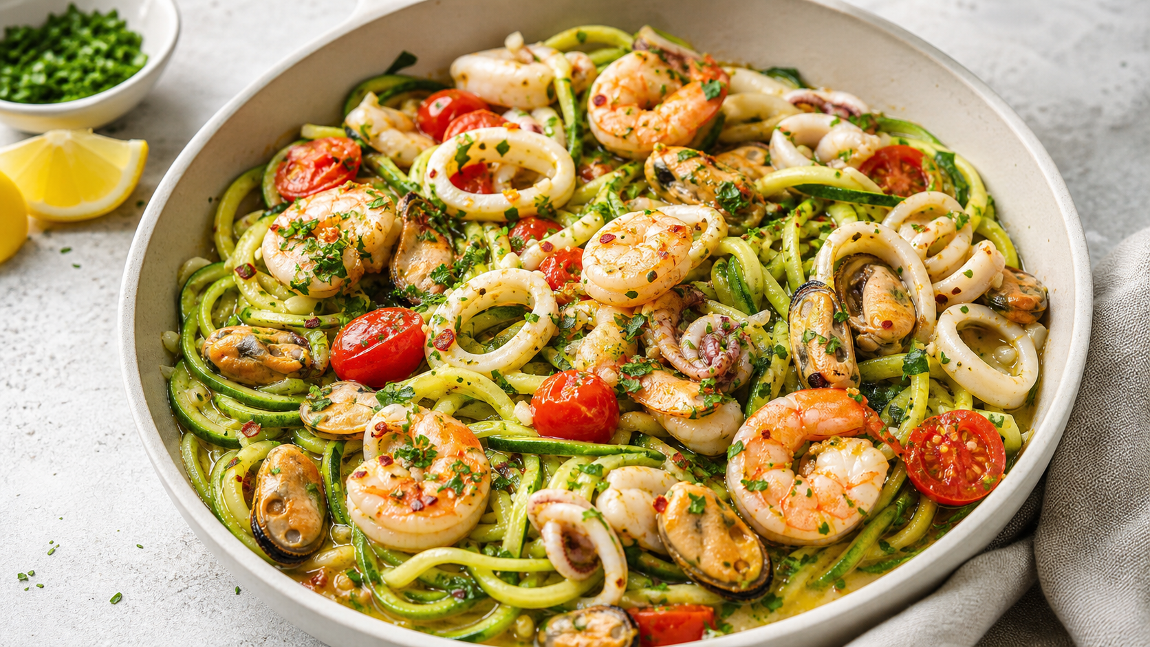 Keto Frutti di Mare mit Garnelen, Calamari und Muschelfleisch auf Zucchini-Spaghetti mit Cherry-Tomaten und Petersilie